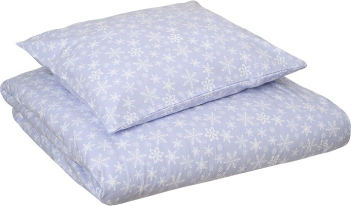 Lillakas-hallil põhjal valge lumehelveste mustriga pehme flanellist voodipesu.