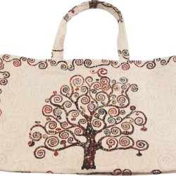 Väiksem gobeläänkangast dekoratiivse puu mustriga kandekott.