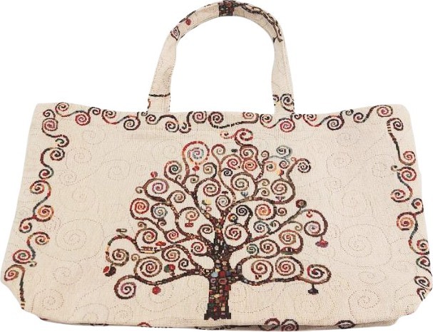 Väiksem gobeläänkangast dekoratiivse puu mustriga kandekott.