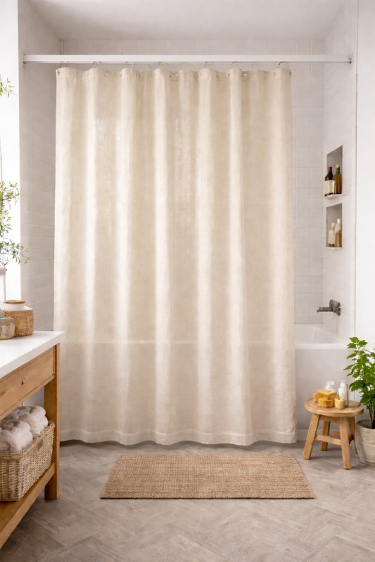 Õhemast kangast helebeeži tooni niiskuskindel dušši või õekardin.