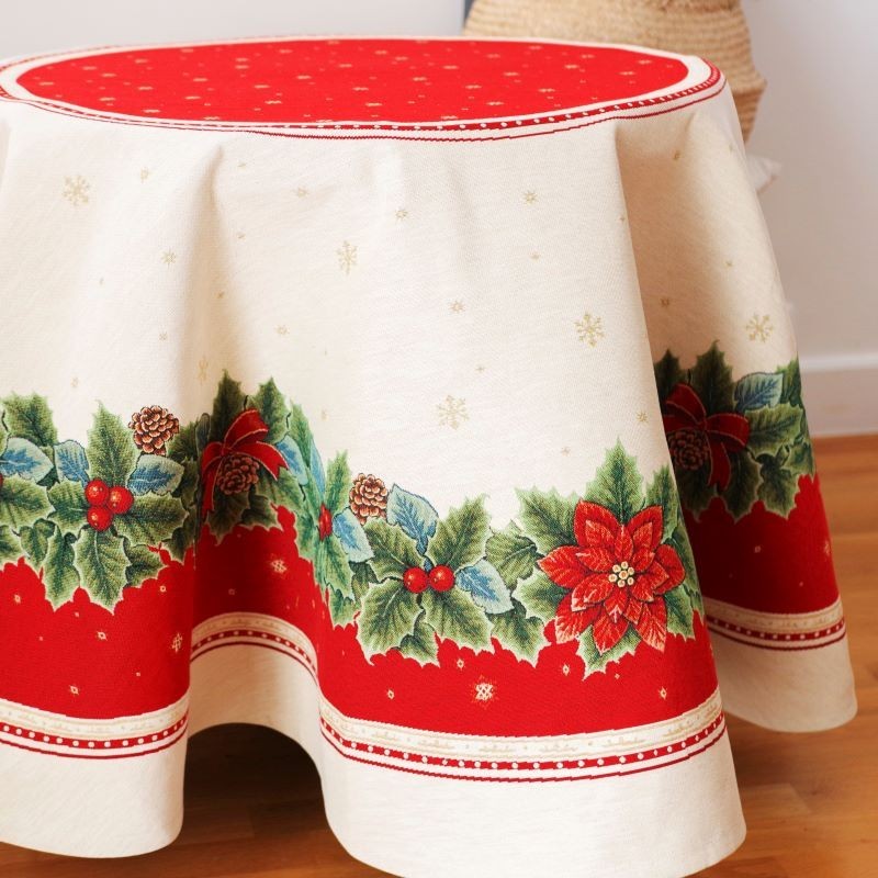 Round classic Christmas tablecloth.